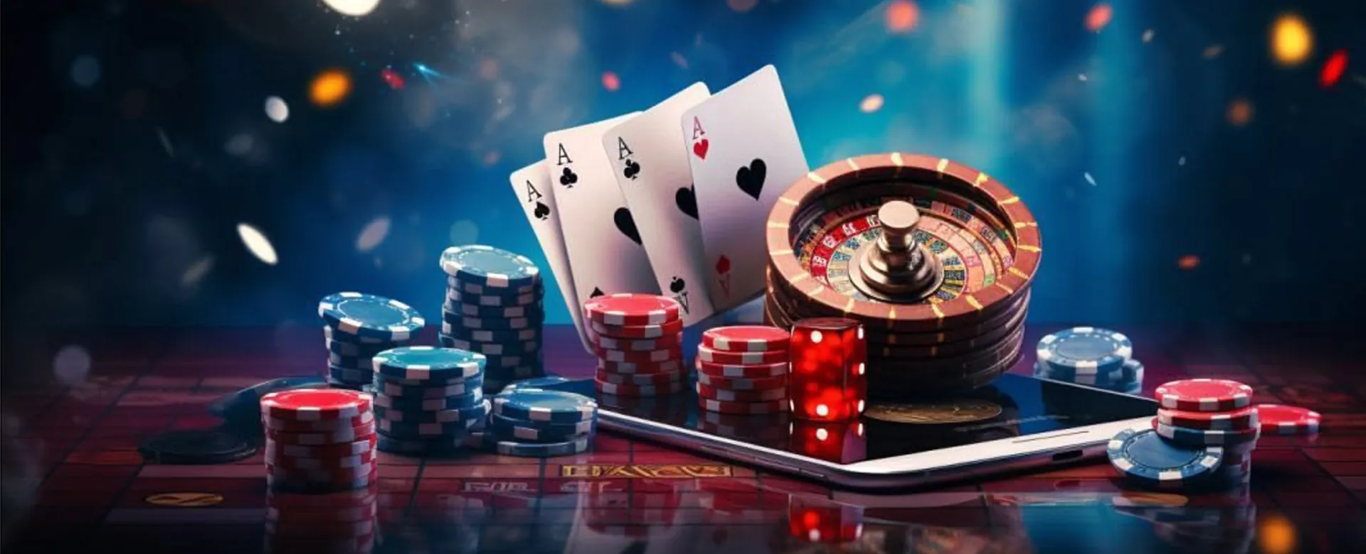 Dynamic online casino environment with bright lights and games
